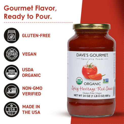 24oz (Pack 3) Dave's Gourmet Organic Spicy Heritage Red Pasta Sauce - Jar of - Zesty & Rich Tomato Chili Blend