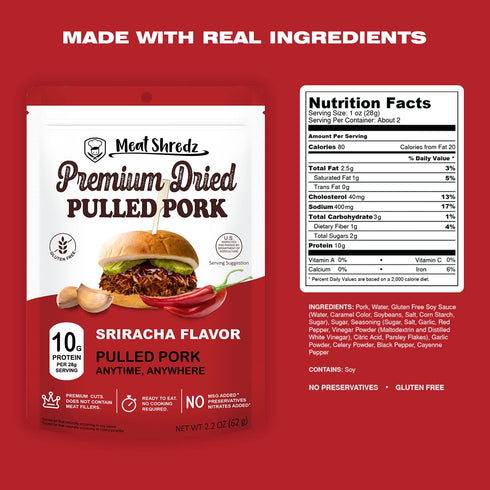 1 Pack) Backpacking Meat Shredz - Premium Dried Pulled Pork (Sriracha Flavor, | Gluten Free | High Protein & Low Sugar