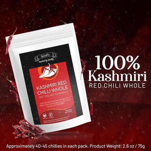 SpiceFix Whole Kashmiri Red Chilli Pepper, Mild to Medium Heat, Sun-Dried Red Pepper, 2.6 Ounces