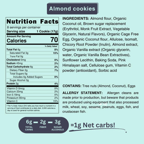 4.85OZ (Pack 1) Almond Cookies, Sugar Free, Dairy Free, Gluten Free, Low Carb, Low Calories, Flche Healthy Treats