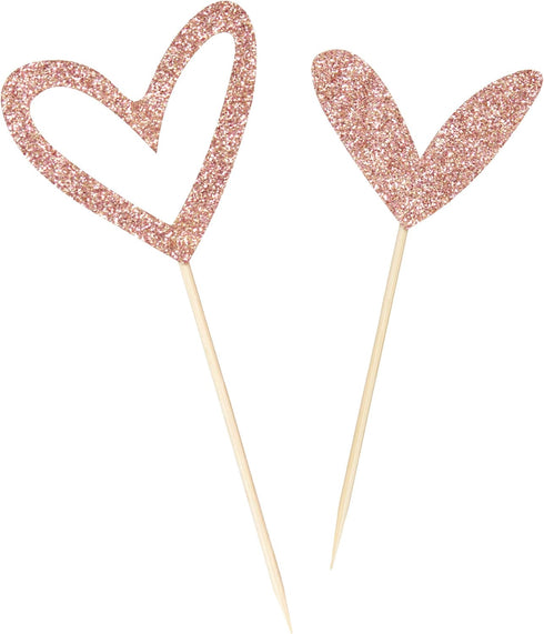 24 PCS Rose Gold Glitter Heart Cupcake Toppers, Cute Design for Wedding, Bridal, Anniversary Party Decorations