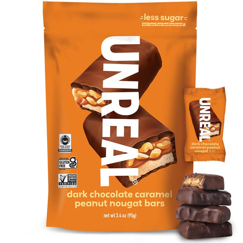 UNREAL Dark Chocolate Caramel Peanut Nougat Bars (1 Bag), 70% Organic Ingredients,