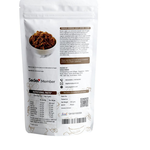 DEGA FARMS 500GM 100% Premium Demerara Sugar (Brown Sugar) - | Made with Pure, Organic & Natural Ingredients - SEDEX