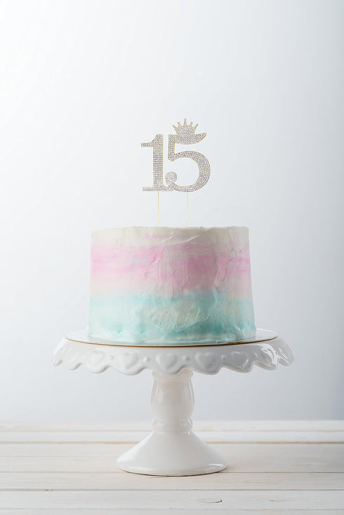 Number 15 Quinceanera Rhinestone Princess Crown Monogram Cake Topper, Sweet 15th Birthday Party (Gold)
