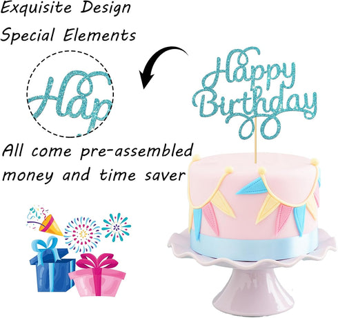 Blue Glitter Happy Birthday Cake Topper, Birthday Party Decorations