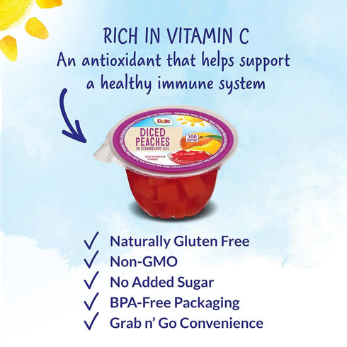 4.3oz 36 Dole Fruit Bowls Peaches in Strawberry Flavored Gel Snacks, Total Cups, Gluten & Dairy Free, Bulk Lunch Snacks