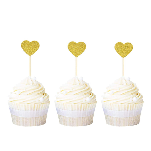 Ercadio Gold Glitter Heart Cupcake Toppers, Sweet Love Theme Cupcake Picks, 40 PCS