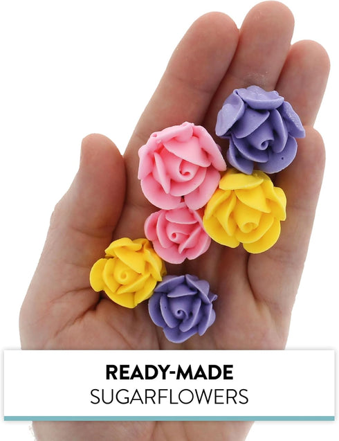 Set, 24 Count Global Sugar Art Edible Royal Icing Pink, Lavender and Yellow Rose Two sizes, for Cake and Cupcake