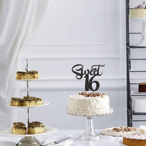 Black Glitter Sweet 16 Cake Topper, Happy 16th Birthday Decor, Cheers to 16 Years, 16th Wedding Anniversary Supplies