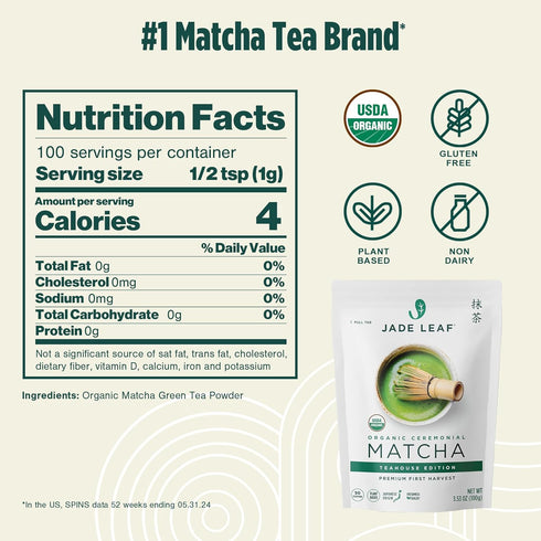 100% 100g 3.53 (Pack 1) Jade Leaf Matcha Organic Ceremonial Grade Matcha Green Tea Powder - Pure Japanese First Harvest