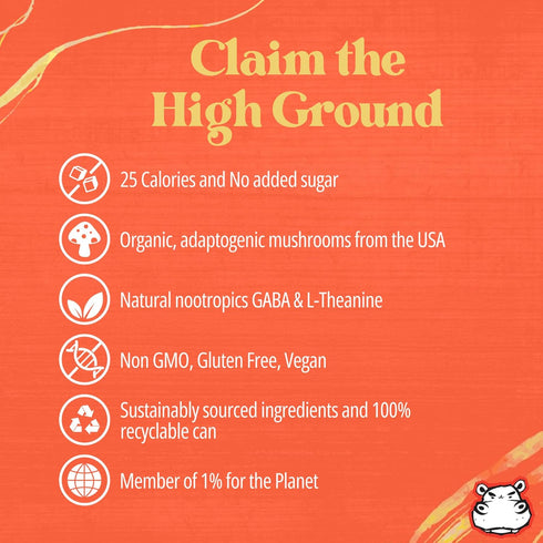 12oz 6 Pack High Ground Elixir Mushroom Seltzer Strawberry Peach | Lions Mane for Focus, Reishi for Stress, Cordyceps