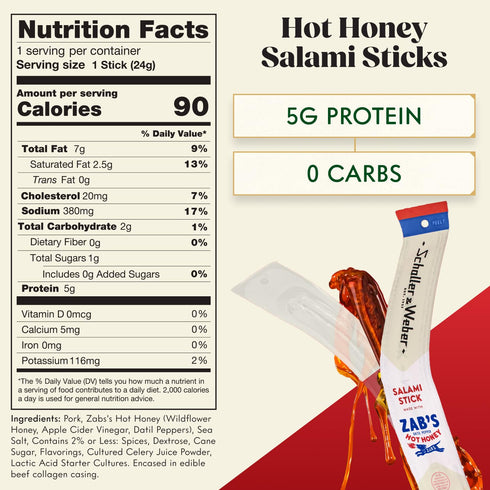 0.85 Oz (Pack 20) Schaller & Weber Salami Sticks with Zabs Hot Honey, of | Zabs Hot Honey Smoked Salami | German Style