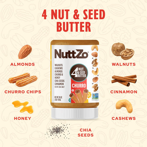 16 oz NuttZo Churro Nut & Seed Butter Spread, Mixed Nut Butter with Cashews Almonds Walnuts and Chia Seeds, Cinnamon