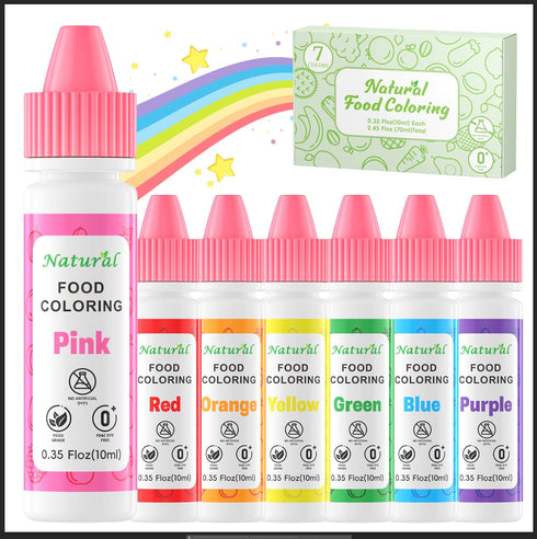 7 Set 10ml, 0.35oz/Bottles Natural Food Coloring Colors FD&C Dye Free & No Artificial Dyes Baking Supplies, Vibrant