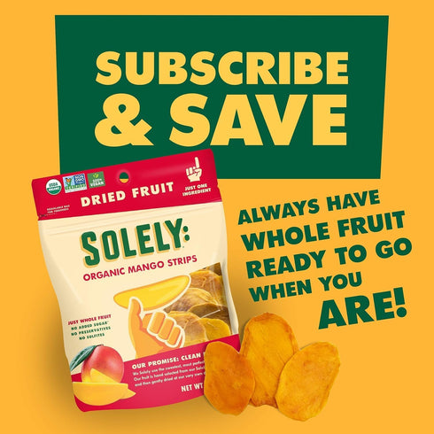 SOLELY Organic Dried Mango Strips - 2.8 oz Resealable Bags, Pack of 4, Healthy Snacks
