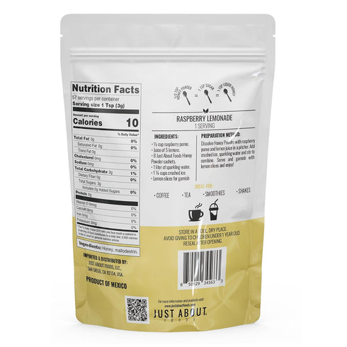 6 oz, Just About Foods Honey Powder Pouch, Convenient Powder for Drinks, Desserts, Baking, Coffee, Sugar Substitute