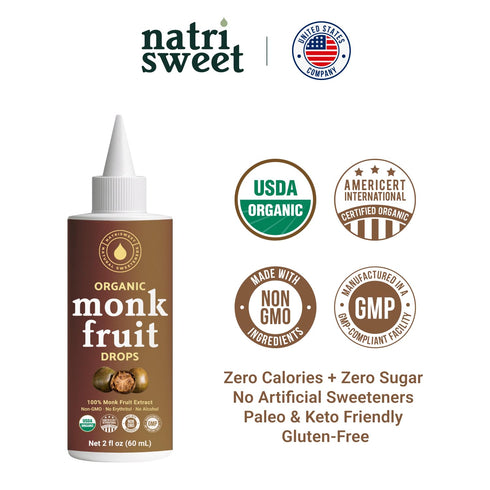 100% 2 oz Organic Monk Fruit Liquid Sweetener Drops, Pure Extract, Zero Sugar & No Erythritol, Original Flavor Liquid