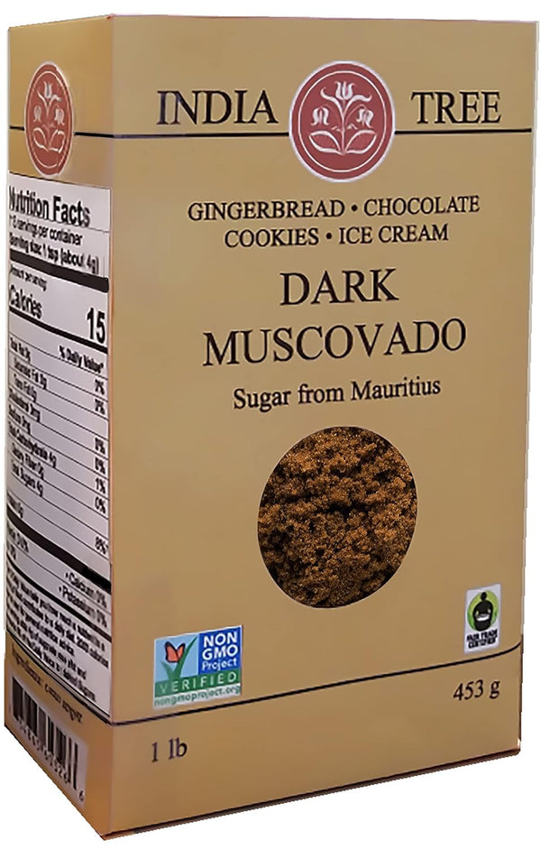 India Tree Dark Muscovado Sugar, 1 Pound Box, Unrefined Brown Baking Sugar with Rich Molasses Flavor for Gingerbread