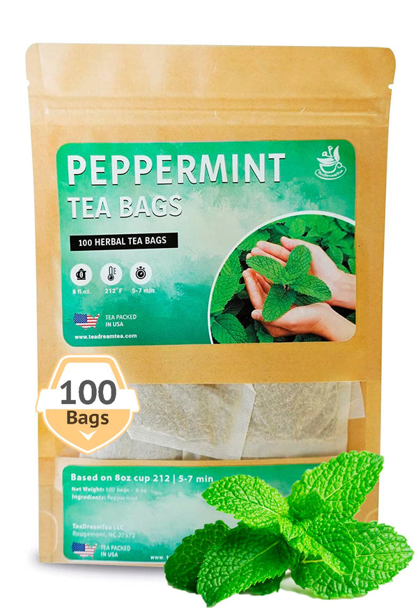 TeaDreamTea Peppermint Tea Bag - Herbal Mint Tea Bags - Aromatic & Caffeine Free Bulk Tea (100 Teabags)