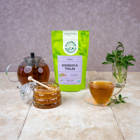 Worldwide Botanicals Organic Holy Basil Tea, 8oz - Tulsi Krishna, Loose Leaf Premium Herbal Tea, 100% Pure Tulsi
