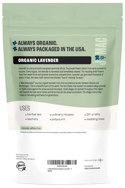 (4 oz), J MAC BOTANICALS, Organic Lavender Flower Dried Lavender Flowers, Buds, Manufactured in The USA