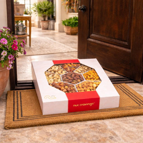 (7 1 LB) Package, NUT CRAVINGS - Mothers Day Treats, Mixed Nuts Gift Basket in Red Gold Classic Box Assortments, Treats