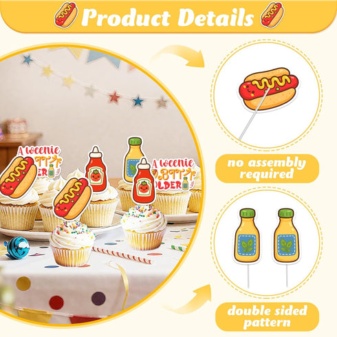 36Pcs A Weenie Bit Older Cupcake Toppers Hot Dog Birthday Party Decorations Hotdog Sausage Cake Decor for Kids BBQ