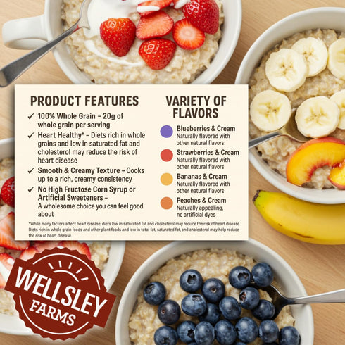 Wellsley Farms 40 Pack (8x 12x 8x 12x Fruit And Cream Instant Oatmeal Variety. Banana, Peach, Blueberry, Strawberry)