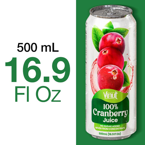 100% 16.9 oz (500 mL) Pack 12 VINUT Cranberry Juice, No Added Sugar, Not From Concentrate, fl Can