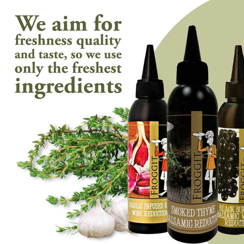 3-Piece 150ml Froggit Garlic Infused Red Wine Vinegar, Burgundy Bliss Balsamic Reduction, Smoked Thyme Balsamic Vinegar