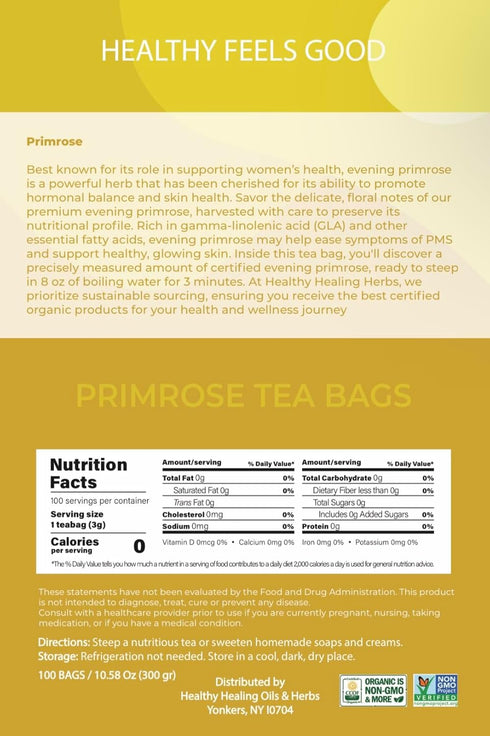 Healthy Healing Herbs 100 Organic Primrose Tea Tea Bags | Premium Dried Primrose Herb | Naturally Caffeine-Free Herbal