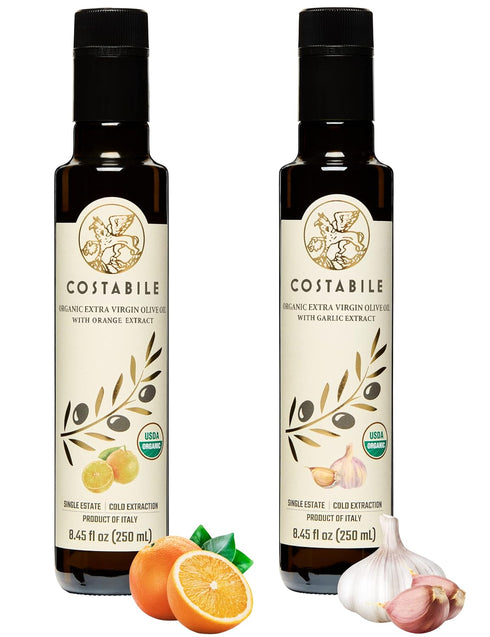 Orange and Garlic Infused Extra Virgin Olive Oil from Puglia. All-natural olive
