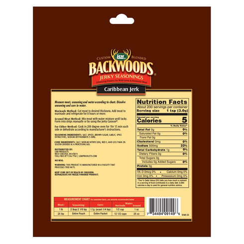 LEM Products Backwoods Caribbean Jerk Jerky Seasoning, Ideal for Wild Game and Domestic Meat, Seasons Up to 25 Pounds of Meat, 21.3 Ounce Packet with Pre-Measured Cure Packet Included