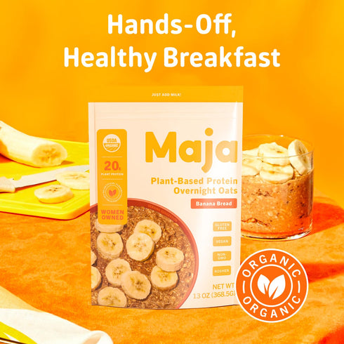 Maja Organic Plant-Based Protein Oats – Banana Bread Overnight Oats, 5 Servings (68g) Vegan, Gluten Free Oats, Delicious Instant Oatmeal, Quick & Filling Breakfast with Clean Ingredients