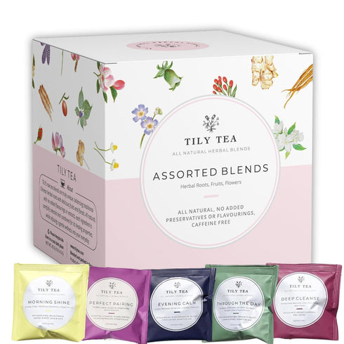 5 10 Tily Tea Assorted Herbal Tea Box - Flavors of Caffeine-Free Tea - Morning Shine, Through the Day, Evening Calm