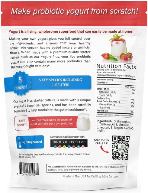 Cutting Edge Cultures 4 4 Packets Yogurt Plus Probiotic L. Reuteri B. Longum L Plantarum Starter Grams