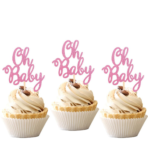 36 PCS Oh Baby Cupcake Toppers - Glitter Baby Shower Cupcake Picks Decorations for Kids Birthday Party Supplies (Pink)