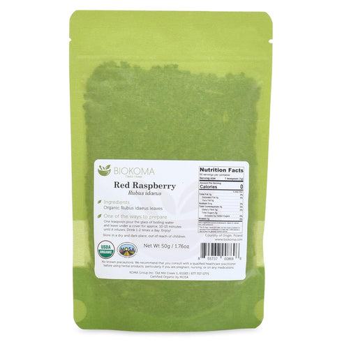 Biokoma Pure Organic Red Raspberry Dried Leaves 50g (1.76oz) in Resealable Moisture Proof Pouch, USDA Certified