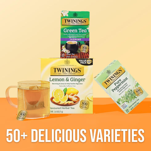 50 Count (Pack 6), 300 Twinings Lemon & Ginger Herbal Tea Individually Wrapped Bags, of Tangy Lemon & Spicy Ginger