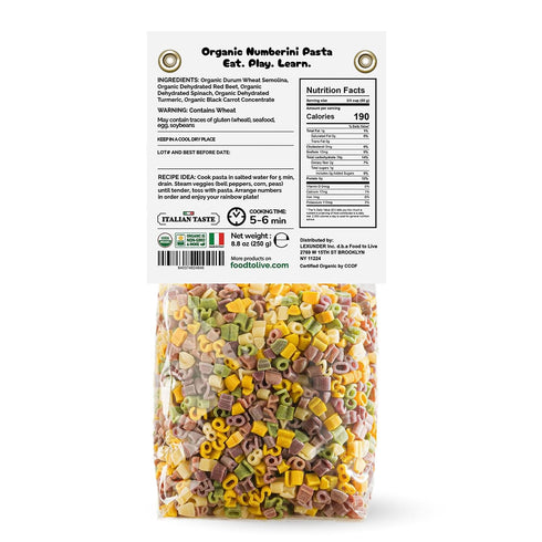8.8 oz (Pack 1) Food to Live Organic Numberini Pasta - Eat. Play. Learn, of Multicolor Italian Fun Kid's Pasta, Made