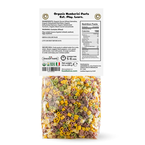 8.8 oz (Pack 2) Food to Live Organic Numberini Pasta - Eat. Play. Learn, of Multicolor Italian Fun Kid's Pasta, Made
