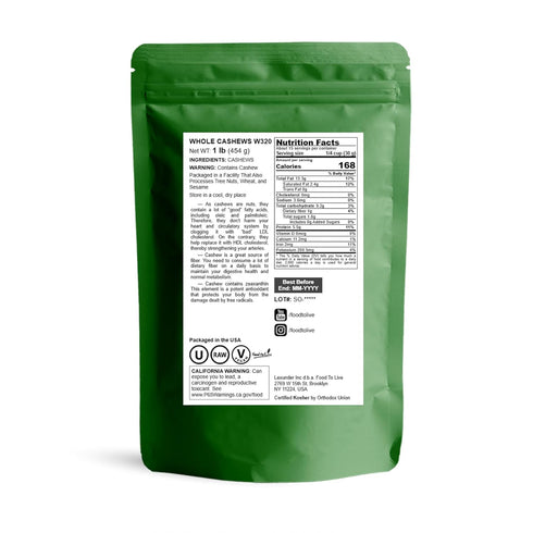 1 W-320, Food to Live Raw Cashews, Pound - Deluxe Whole Nuts, Unsalted, Unroasted, Size Vegan, Kosher, Bulk