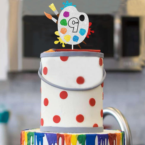 9th Slime Cake Topper - Art Themed Palette Painting Graffi Boy Girl Birthday Party Decorations Supplies for Nine Years