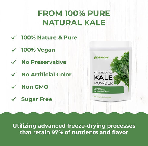 100% 2.43 oz eHerbal Freeze Dried Kale Powder Powder Superfood Non-GMO, Nutrient-Rich Greens for Smoothies, Juices