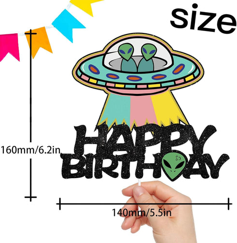 ET Happy Birthday Cake Topper Decorations with UFO, Alien Theme Picks for Kids Party Decor