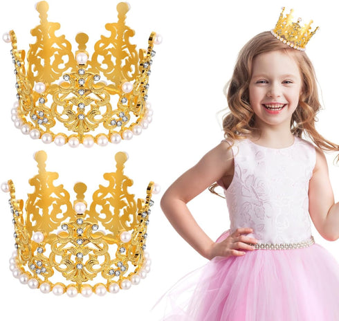 Amosfun 2pcs Mini Crown Cake Topper - Pearl Rhinestone Queen Princess Tiara for Birthday Wedding Party