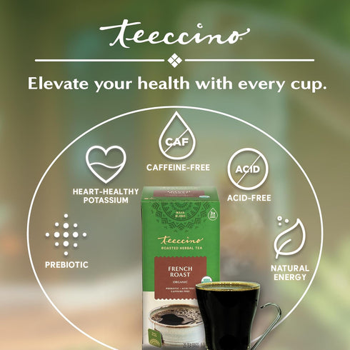Teeccino French Roast Herbal Tea, 25 Tea Bags, Rich & Roasted, Caffeine Free & Prebiotic