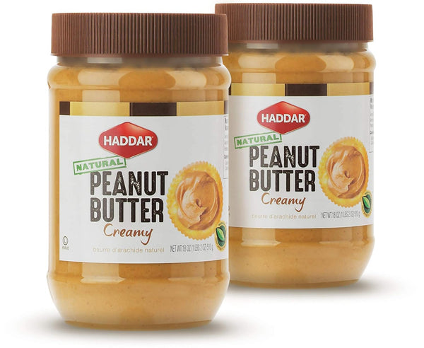 Haddar, 100% Pure & Natural Creamy Peanut Butter, 18oz Jar (2 Pack),