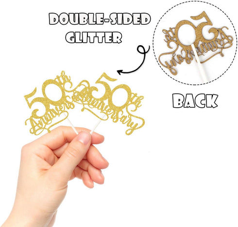 24Pcs Gold Glitter 50th Anniversary Cupcake Topper, Happy 50th Cheers to 50 Years Party Decoration Supplies
