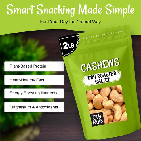 2 lb Packed Oh! Nuts Cashews Roasted Salted - - Oven Dry Roasted Cashews - in New York Zip-Seal Bag for Exceptional